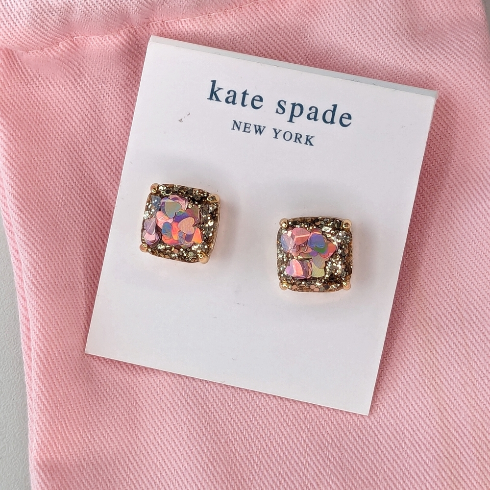Kate Spade Gold Iridescent Heart Glitter Earrings NWOT - Picture 4 of 6